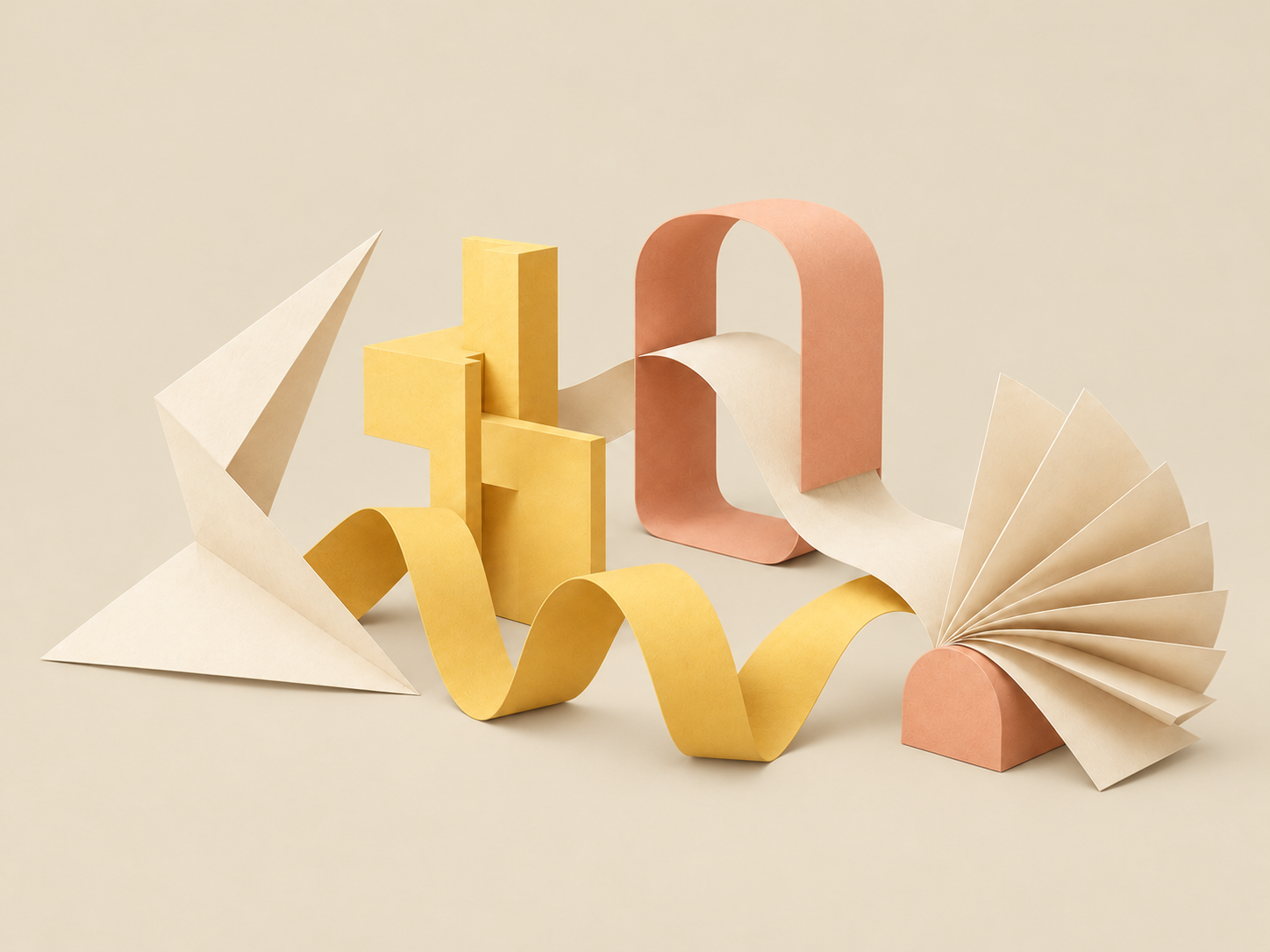 Cream, yellow and peach paper forms: a fold, an interlocking joint, an arch, a ribbon and a fan on a cream background.