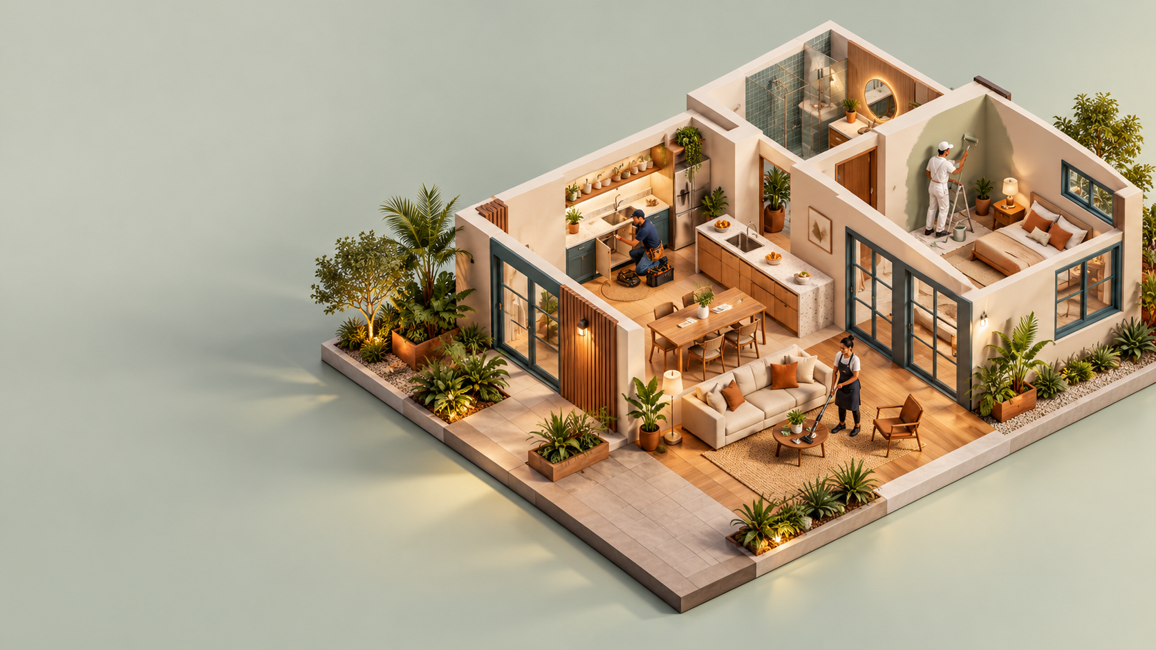 Maquete de uma casa com pequenas figuras trabalhando: reparo na cozinha, limpeza da sala e pintura do quarto.